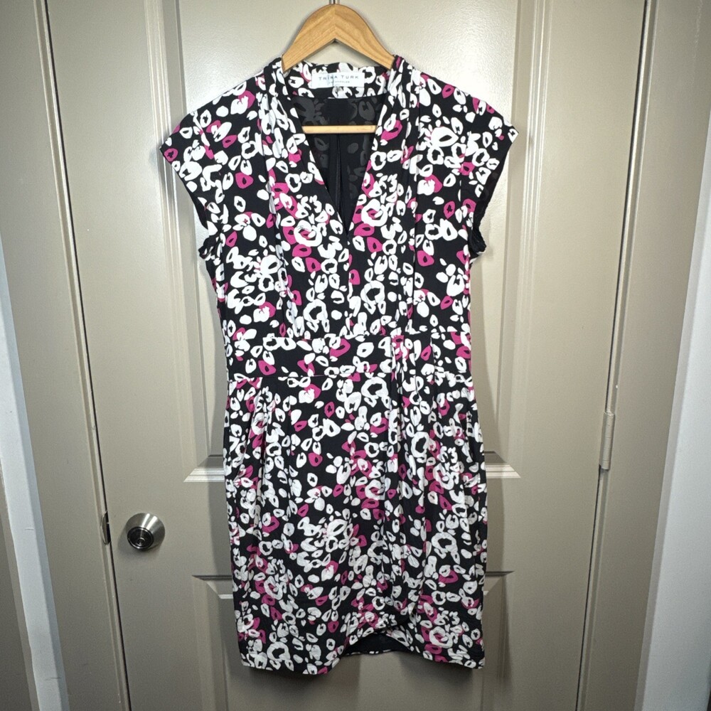 Trina Turk Dress Womens 8 Black Pink White Leopard Print Silk Stretch Faux Wrap‎